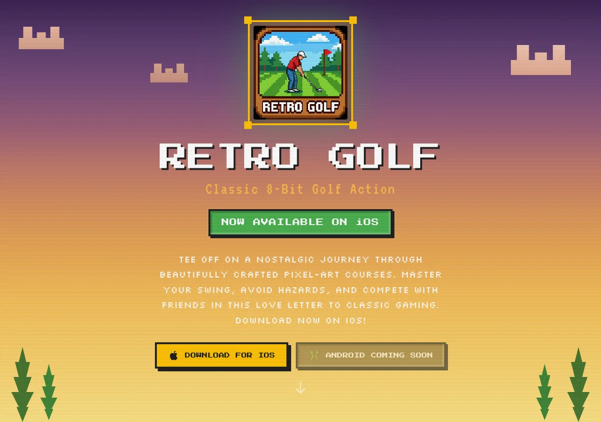 Retro Golf pixel-art mobile game landing page built by Web Builder Pro